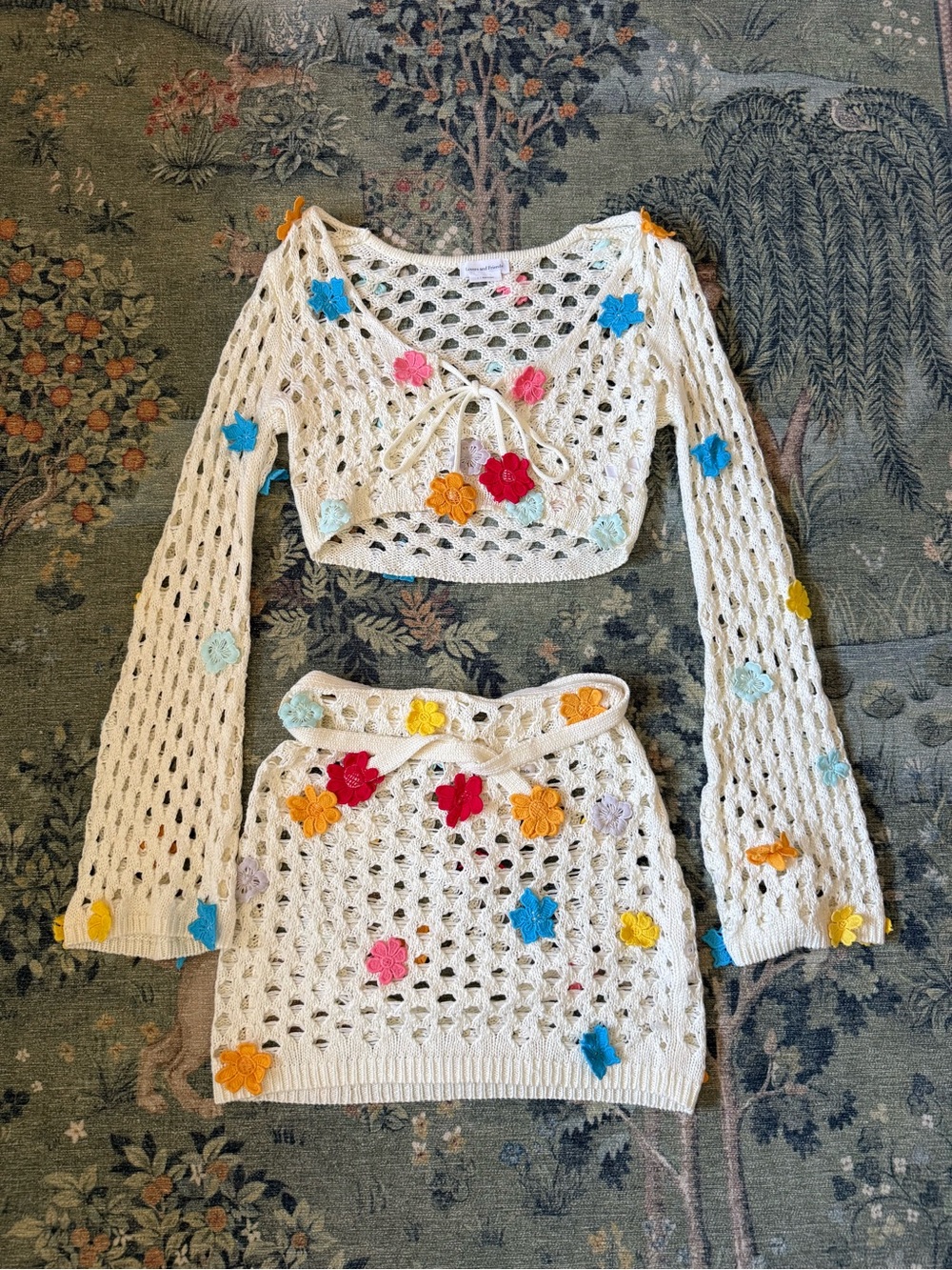 Crochet Flower-Embellished Cream Knit Sweater Top and Skirt Set